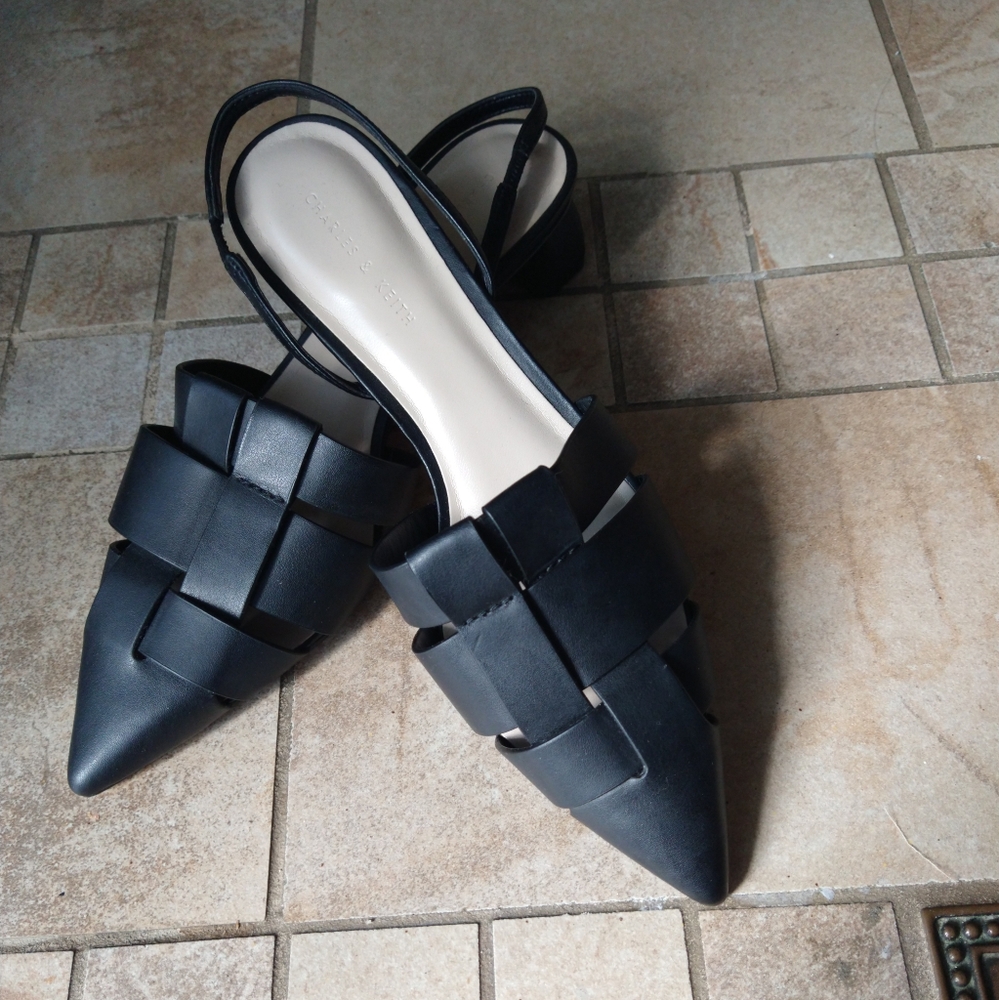 Charles & Keith Woven Pointed-Toe Slingback Pumps - Black Size 37